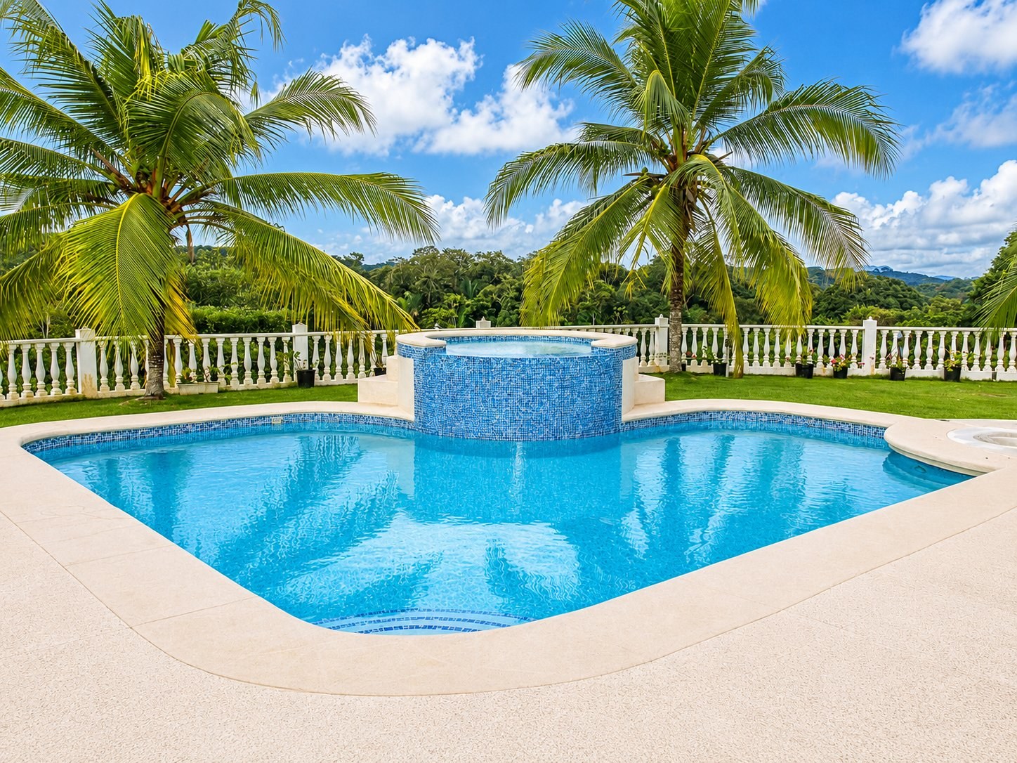 Piscina jacuzzi cielo azul palmas